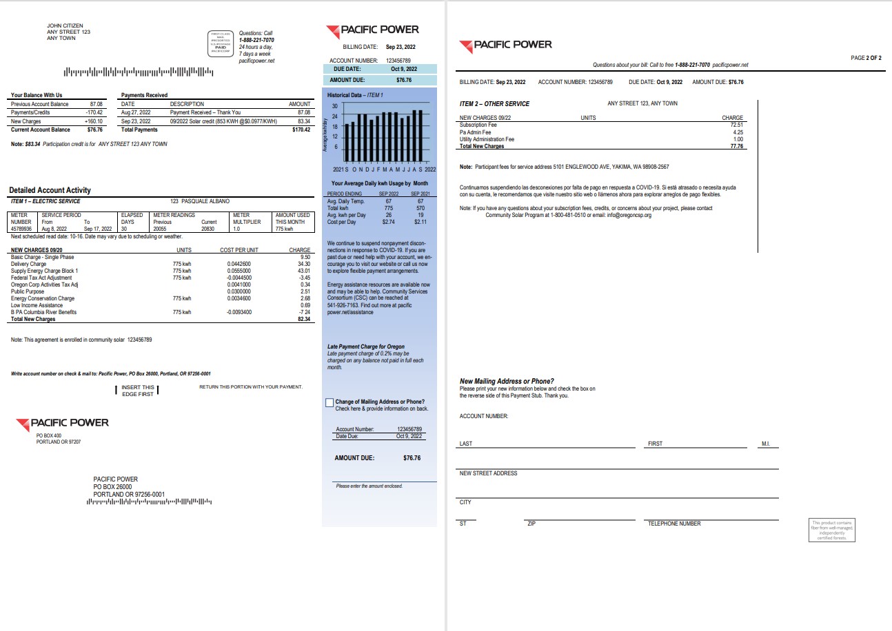 USA Pacific Power utility bill, Word and PDF template, 2 pages